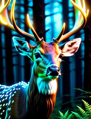 a close up of a deer with glowing antlers in a forest, 3d digital art 4k, digital art animal photo, digital artwork 4 k, holographic creatures, 4k highly detailed digital art, 8k high quality detailed art, 4k detailed digital art, 8 k ultra realistic animal, digital art 4k, digital art 4 k, detailed digital 3d art