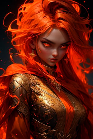 This (realistic fantasy) art contains embers, real flames, real heat, and realistic fire. Generate a masterpiece artwork of a petite female fire druid with large (((orange and gold))) eyes. The fire druid is awe-inspiring with beautiful ((realistic fiery eyes)) alight with confidence and power. Her features are elegant and well defined, with ((soft)) and (((puffy))) and (((smooth))) lips, elven bone structure, and realistic shading. Her eyes are important and should be the focal point of this artwork, with ((extremely realistic details, macro details, and shimmer.)) She is wearing a billowing and glittering gown ((made of realistic flames)) and jewels that glimmer in the fire light. Wisps of fire and smoke line the intricate bodice of the dress. Include bumps, stones, fiery iridescence, glowing embers, silk and satin and leather, an interesting background, and heavy fantasy elements. Camera: Utilize dynamic composition techniques to enhance the realistic flames.,r1ge,3DMM,(FlamePrincess)