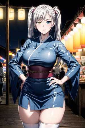 ((night:1.5)),outdoors, ((extremely detailed background)), summer festival, paper lantern, crowded, market stall, 
standing, facing viewer, cowboy shot, hand on hip, 
white hair, very long hair, long twintails, (left blue eyes 1.2), (right yellow eyes:1.2), heterochromia, bangs, hair clip, thick thighs,
japanese clothes, wide sleeves, thighs, print kimono, short kimono, striped thighhighs, miniskirt, 
1girl, solo, (20 years old:1.5),Beautiful Finger,Beautiful long legs,Beautiful body,Beautiful Nose, perfect face,(mature:1.1),(milf:1.1),(mature female:1.3),make up,parted lips,(shiny skin:1.3),(perfect female body:1.2),(gorgeous detailed skin),(detailed hair), masterpiece,  high quality, highres,  absurdres,(beautiful and aesthetic:1.2), beautiful hand, 4k, 8k, perfect balance, perfect eyes, expressive eyes, detailed aqua eyes,
looking at viewer, smile,
ray_tracing,intricate details,depth of field, extremely delicate and beautiful,bokeh,beautiful reflection,perfect lighting
(Beautiful,large breasts:1.3), (beautiful_face), (narrow waist),