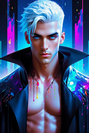 Cyberpunk male, fantasy world, dark background, clean design, epic instagram, artstation, colorful paint splatter, silhouette, hyper detailed intricate details, unreal engine, fantasy, intricate details, splash screen, complementary colors, Fantasy concept art, 8k resolution, deviantart masterpiece, oil painting, heavy strokes, paint dripping, (isolated on white background: 1.3), rainbow skin, (((handsome young man))), ((teenage:1.5) ), (glowing blue eyes), ((light eyes)), ((((short white hair: 1.1))), ((black clothes)), (prince\\(indifferent expression\\),, ( ((Wears high detail luxurious black robe))), white hair, (chest) --v 6