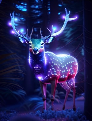 a close up of a deer with glowing antlers in a forest, 3d digital art 4k, digital art animal photo, digital artwork 4 k, holographic creatures, 4k highly detailed digital art, 8k high quality detailed art, 4k detailed digital art, 8 k ultra realistic animal, digital art 4k, digital art 4 k, detailed digital 3d art