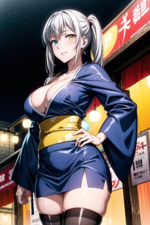 ((night:1.5)),outdoors, ((extremely detailed background)), summer festival, paper lantern, crowded, market stall, 
standing, facing viewer, cowboy shot, hand on hip, 
white hair, very long hair, long twintails, (left blue eyes 1.2), (right yellow eyes:1.2), heterochromia, bangs, hair clip, thick thighs,
japanese clothes, wide sleeves, thighs, print kimono, short kimono, striped thighhighs, miniskirt, 
1girl, solo, (20 years old:1.5),Beautiful Finger,Beautiful long legs,Beautiful body,Beautiful Nose, perfect face,(mature:1.1),(milf:1.1),(mature female:1.3),make up,parted lips,(shiny skin:1.3),(perfect female body:1.2),(gorgeous detailed skin),(detailed hair), masterpiece,  high quality, highres,  absurdres,(beautiful and aesthetic:1.2), beautiful hand, 4k, 8k, perfect balance, perfect eyes, expressive eyes, detailed aqua eyes,
looking at viewer, smile,
ray_tracing,intricate details,depth of field, extremely delicate and beautiful,bokeh,beautiful reflection,perfect lighting
(Beautiful,large breasts:1.3), (beautiful_face), (narrow waist),