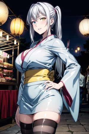 ((night:1.5)),outdoors, ((extremely detailed background)), summer festival, paper lantern, crowded, market stall, 
standing, facing viewer, cowboy shot, hand on hip, 
white hair, very long hair, long twintails, (left blue eyes 1.2), (right yellow eyes:1.2), heterochromia, bangs, hair clip, thick thighs,
japanese clothes, wide sleeves, thighs, print kimono, short kimono, striped thighhighs, miniskirt, 
1girl, solo, (20 years old:1.5),Beautiful Finger,Beautiful long legs,Beautiful body,Beautiful Nose, perfect face,(mature:1.1),(milf:1.1),(mature female:1.3),make up,parted lips,(shiny skin:1.3),(perfect female body:1.2),(gorgeous detailed skin),(detailed hair), masterpiece,  high quality, highres,  absurdres,(beautiful and aesthetic:1.2), beautiful hand, 4k, 8k, perfect balance, perfect eyes, expressive eyes, detailed aqua eyes,
looking at viewer, smile,
ray_tracing,intricate details,depth of field, extremely delicate and beautiful,bokeh,beautiful reflection,perfect lighting
(Beautiful,large breasts:1.3), (beautiful_face), (narrow waist),