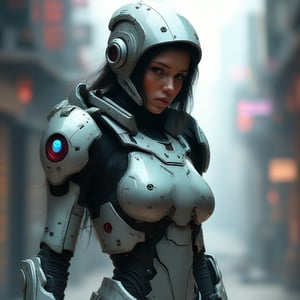 A futuristic female warrior wearing armored suit with high-tech details.