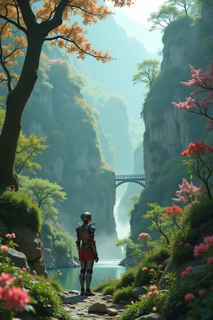 Masterpiece, best quality, 8K, high res, ultra-detailed, A stunning fantasy scene, adorned by vibrant flowers, towering pines, and delicate bamboo groves,no humans, sakura, beautiful view, ultra-detailed, fine detailed, highly detailed, intricate, highly detailed, ultra-detailed, scenery,no humans, lush green mountains, winding rivers, misty atmosphere, solitary, intricate details, delicate features, verdant trees, blooming flowers, druid's circle, soft moss, deep forest, intricate leaves and vines, wisps of light, still pool of water, pristine, verdant green, A picturesque scene of a waterfall cascading down a high cliff amongst lush greenery, adorned by vibrant flowers, towering pines, and delicate bamboo groves.a close up of a robot with a red eye and a sword, movie still of a villain cyborg, inspired by Raymond Swanland, wearing witchblade armor, movie still of a alien cyborg, style of raymond swanland, crysis nanosuit, intricate assasin mecha armor, face of an armored villian, movie still of a cool cyborg
