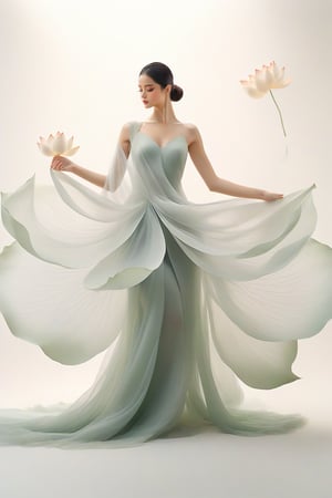 full body, Light jade tone,simple white background, lighting effect, minimalist, elegant, pure gentle, soft light, photorealistic. a women (collarbone, shoulders) dynamic pose, The hyper-giant lotus with huge and long petals (petal made of a thin and soft tulle fabric, flowy petals fully background, floating petals, hyper-flying petals, smoke effect mix with petal), lotus dress.,Lotus Dress