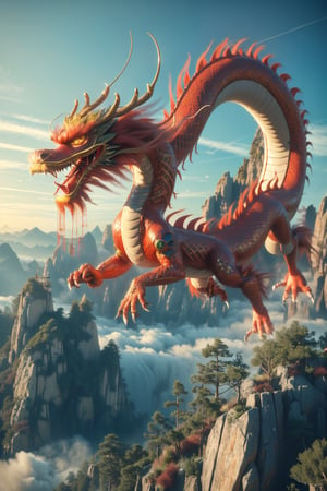3d animation, an ancient chinese dragon, full body dragon flying, photo, stunning fantasy world background,ancient chinese dragon