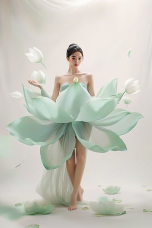 full body, Light jade tone,simple white background, lighting effect, minimalist, elegant, pure gentle, soft light, photorealistic. a women (collarbone, shoulders) female pose, The hyper-giant lotus with huge and long petals (petal made of a thin and soft tulle fabric, flowy petals fully background, floating petals, hyper-flying petals, smoke effect mix with petal), lotus dress.,Lotus Dress,xxmix_girl