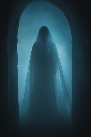 photo of a ghost, transparent blurry, looking at viewer, transparent veil, standing, white dress, fog, night, darkness, inside a medieval house, 8k, depth of field,