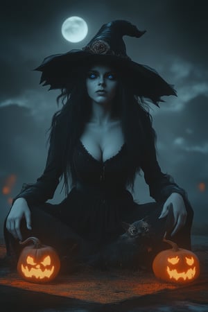 A beautiful young witch with black hair and blue eyes in full length sits on the ground next to three pumpkins, she is wearing an elegant long dress and hat, there's a fluffy cat sitting nearby, background smoke around her head, dark clouds, moonlight shining through them, halloween poster, hyper realistic illustration, fantasy art style, digital airbrushing technique, vibrant colors, highly detailed, high resolution, high quality, high detail