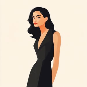 A minimalist and elegant 2D vector illustration of a fashionable woman posing confidently. The background is simple and clean, emphasizing the stylish and modern design of the character.
