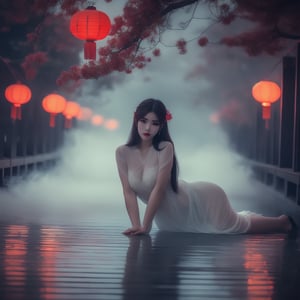 (masterpiece, best quality:1.2), ((1 beauty girl)), ((wearing clothes)), solo, ((lying pose)), The mysterious Chinese wooden suspension bridge is endlessly long, floating in the mist, on both sides of the bridge are fallen lanterns, on both sides of the river are decorated with red spider lilies, ethereal lighting, delicate smoke effects, dreamlike background , the symbol symbolizes the spiritual journey and reunion, gentle pastel colors, quiet atmosphere, chinese hell theme, cinematic, dark scene,