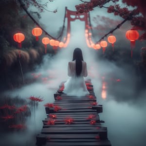 (masterpiece, best quality:1.2), upper body, ((1 beauty girl)), ((wearing clothes)), solo, ((lying pose)), The mysterious Chinese wooden suspension bridge is endlessly long, floating in the mist, on both sides of the bridge are fallen lanterns, on both sides of the river are decorated with red spider lilies, ethereal lighting, delicate smoke effects, dreamlike background , the symbol symbolizes the spiritual journey and reunion, gentle pastel colors, quiet atmosphere, chinese hell theme, cinematic, dark scene,