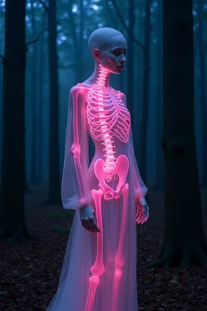 full body shot of an albino woman with transparent skin, glowing pink neon skeleton visible through the translucent dress in dark woods at night by James Jean and Hajime Sorayama, soft misty light