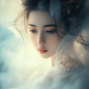 A portrait of a beautiful woman with an ethereal and serene expression.