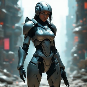 A futuristic female warrior wearing armored suit with high-tech details.