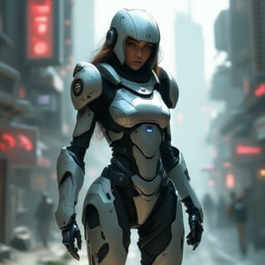 A futuristic female warrior wearing armored suit with high-tech details.