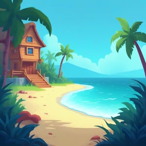 beach scene, flat 2D side-scrolling adventure game