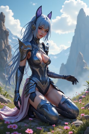 genshin impact style, full body, futuristic, assassin girl in mecha armor, {standing pose|sitting pose|lying pose|kneeling pose}, realistic depictions, randoom stunning fantasy landcape background,