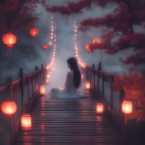 (masterpiece, best quality:1.2), upper body, ((1 beauty girl)), ((wearing clothes)), solo, ((lying pose)), The mysterious Chinese wooden suspension bridge is endlessly long, floating in the mist, on both sides of the bridge are fallen lanterns, on both sides of the river are decorated with red spider lilies, ethereal lighting, delicate smoke effects, dreamlike background , the symbol symbolizes the spiritual journey and reunion, gentle pastel colors, quiet atmosphere, chinese hell theme, cinematic, dark scene,