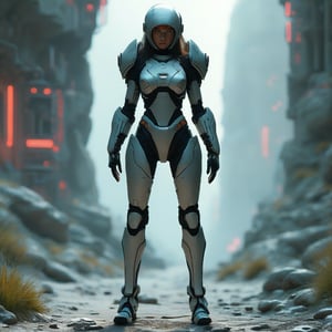 A futuristic female warrior wearing armored suit with high-tech details.