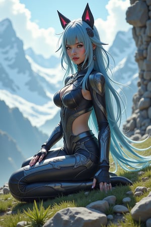 genshin impact style, full body, futuristic, assassin girl in mecha armor, {standing pose|sitting pose|lying pose|kneeling pose}, realistic depictions, randoom stunning fantasy landcape background,