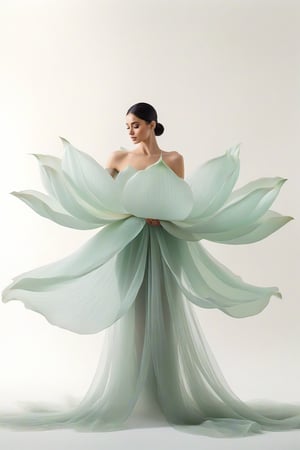 full body, Light jade tone,simple white background, lighting effect, minimalist, elegant, pure gentle, soft light, photorealistic. a women (collarbone, shoulders) dynamic pose, The hyper-giant lotus with huge and long petals (petal made of a thin and soft tulle fabric, flowy petals fully background, floating petals, hyper-flying petals, smoke effect mix with petal), lotus dress.,Lotus Dress
