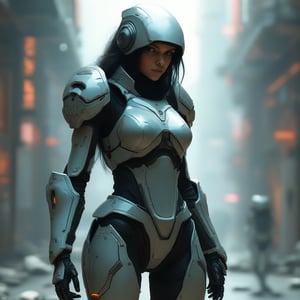 A futuristic female warrior wearing armored suit with high-tech details.