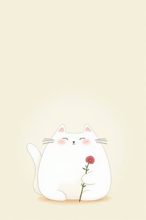 white Cat and flower in a Takeshi Kitano style, in a minimalist and humorous setting, simple and straightforward style with a touch of modernity and humor. 8k