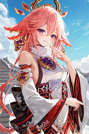 ((white and red full lenght fur coat, fur trim)), yaemikodef, upper body, smile, blush, outdoors, day, simple background, blue sky, short hair, sky, temple, looking at viewer, stairs, mountain, moody lighting, facing viewer,intricate printing pattern ,3d animation