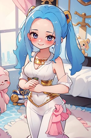 nefertari vivi,blue hair,1girl,beautiful,big breasts , perfect body, perfect face, total body,perfect anatomy,masterpiece, animegirl , sharp focus,blushing,small smile,casual outfit,sexy,3d animation