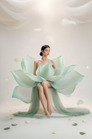 full body, Light jade tone,simple white background, lighting effect, minimalist, elegant, pure gentle, soft light, photorealistic. a women (collarbone, shoulders) sitting pose, The hyper-giant lotus with huge and long petals (petal made of a thin and soft tulle fabric, flowy petals fully background, floating petals, hyper-flying petals, smoke effect mix with petal), lotus dress.,Lotus Dress