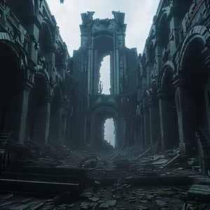 
cinematic, dark fantasy style abandoned ancient fatansy ruins