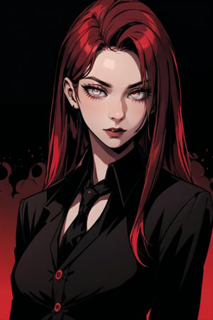 , black background, ((masterpiece,best quality)), absurdres, upper body,  red glow, makima, braided ponytail, ringed eyes,collared shirt, black necktie, black pants, red hair, yellow eyes, (masterpiece),scenery,incredibly absurdres,high detail eyes,Detail