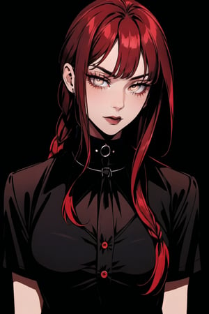 , black background, ((masterpiece,best quality)), absurdres, upper body,  red glow, makima, braided ponytail, ringed eyes,collared shirt, black necktie, black pants, red hair, yellow eyes, (masterpiece),scenery,incredibly absurdres,high detail eyes,Detail