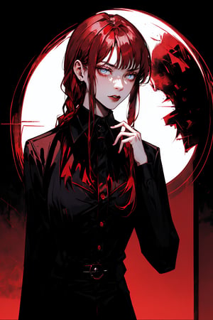 , black background, ((masterpiece,best quality)), absurdres, upper body,  red glow, makima, braided ponytail, ringed eyes,collared shirt, black necktie, black pants, red hair, yellow eyes, (masterpiece),scenery,incredibly absurdres,high detail eyes,Detail