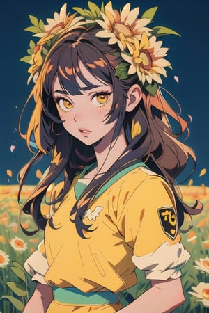 1girl, long hair, Sweet girl, Yellow uniform, art and concept art, Backlight, hyper detailed, high resolution, flower power, flower field, old anime