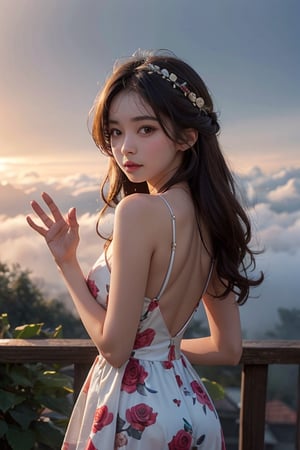 a 19 years old girl, Close up face, Shooting light, morning fog, Floral dress, Roses, Soft skin, Long wavy hair, disney, Backlight, waving hand