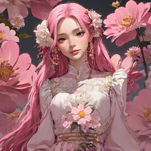 portrait of a woman,darkbackground,dfdd,2d_animated,niji5, Pink_hair,long_hair,flower_hair_ornament
