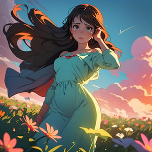(best quality, masterpiece), 1girl, potrait, Close up face, cloudy sky, extremely backlight, Wild flowers, contrapposto, Wavy hairstyle, (pose), Wipe tears,(expression), sad, (Hair), Long hair, Black brown hair, windy hair, (lighting), Baclight, Foggy extremely, Blurry, Sunrise, (Dress), Long dress, old dress,  baby pink dress, (Dreamy filter)