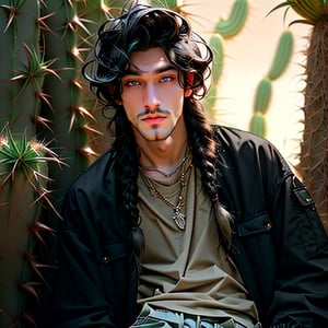 (Masterpiece, best quality), 1 man , cactus surreal fashion, posing against a desert of cactus , in cargo shorts  , crotch_bulge, posing, looking at viewer,  editorial , boho boy with long hair braids, cactus fantasy theme photoshoot, aly fell and artgerm, realistic anime, handsome, male ulzzang, paleo art, vray, ray tracing, cactus Kingdom, 32k uhd