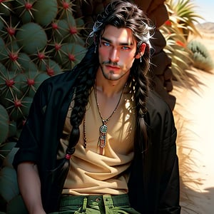 (Masterpiece, best quality), 1 man , cactus surreal fashion, posing against a desert of cactus , in cargo shorts  , crotch_bulge, posing, looking at viewer,  editorial , boho boy with long hair braids, cactus fantasy theme photoshoot, aly fell and artgerm, realistic anime, handsome, male ulzzang, paleo art, vray, ray tracing, cactus Kingdom, 32k uhd