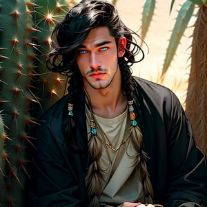 (Masterpiece, best quality), 1 man , cactus surreal fashion, posing against a desert of cactus , in cargo shorts  , crotch_bulge, posing, looking at viewer,  editorial , boho boy with long hair braids, cactus fantasy theme photoshoot, aly fell and artgerm, realistic anime, handsome, male ulzzang, paleo art, vray, ray tracing, cactus Kingdom, 32k uhd