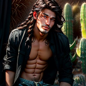 (Masterpiece, best quality), 1 man , cactus surreal fashion, posing against a desert of cactus , in cargo shorts  , crotch_bulge, posing, looking at viewer,  editorial , boho boy with long hair braids, cactus fantasy theme photoshoot, aly fell and artgerm, realistic anime, handsome, male ulzzang, paleo art, vray, ray tracing, cactus Kingdom, 32k uhd