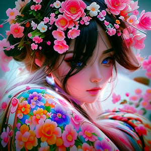 (Masterpiece, best quality), realistic, editorial,  1 painting of a beautiful Long haired woman with flowers in her hair, anime hi-fructose, neon backlit, vray, meticulous, rtx on, Artgerm, Tanya shatseva, close up of a young anime girl, computer aesthetic, female geisha girl, indigo filter, vibrant.-h 704, kawaii aesthetic, manga, neoartcore, ukiyo, bastien yoshitaka amano