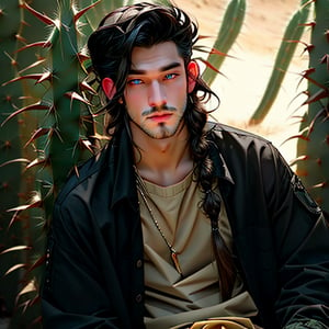 (Masterpiece, best quality), 1 man , cactus surreal fashion, posing against a desert of cactus , in cargo shorts  , crotch_bulge, posing, looking at viewer,  editorial , boho boy with long hair braids, cactus fantasy theme photoshoot, aly fell and artgerm, realistic anime, handsome, male ulzzang, paleo art, vray, ray tracing, cactus Kingdom, 32k uhd