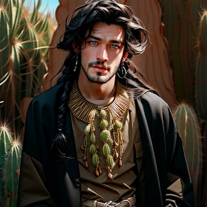 (Masterpiece, best quality), 1 man , cactus surreal fashion, posing against a desert of cactus , in cargo shorts  , crotch_bulge, posing, looking at viewer,  editorial , boho boy with long hair braids, cactus fantasy theme photoshoot, aly fell and artgerm, realistic anime, handsome, male ulzzang, paleo art, vray, ray tracing, cactus Kingdom, 32k uhd