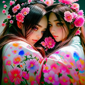 (Masterpiece, best quality), realistic, editorial,  1 painting of a beautiful Long haired woman with flowers in her hair, anime hi-fructose, neon backlit, vray, meticulous, rtx on, Artgerm, Tanya shatseva, close up of a young anime girl, computer aesthetic, female geisha girl, indigo filter, vibrant.-h 704, kawaii aesthetic, manga, neoartcore, ukiyo, bastien yoshitaka amano