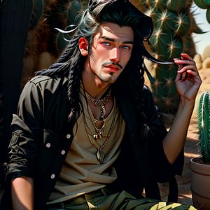 (Masterpiece, best quality), 1 man , cactus surreal fashion, posing against a desert of cactus , in cargo shorts  , crotch_bulge, posing, looking at viewer,  editorial , boho boy with long hair braids, cactus fantasy theme photoshoot, aly fell and artgerm, realistic anime, handsome, male ulzzang, paleo art, vray, ray tracing, cactus Kingdom, 32k uhd