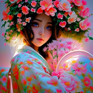 (Masterpiece, best quality), realistic, editorial,  1 painting of a beautiful Long haired woman with flowers in her hair, anime hi-fructose, neon backlit, vray, meticulous, rtx on, Artgerm, Tanya shatseva, close up of a young anime girl, computer aesthetic, female geisha girl, indigo filter, vibrant.-h 704, kawaii aesthetic, manga, neoartcore, ukiyo, bastien yoshitaka amano